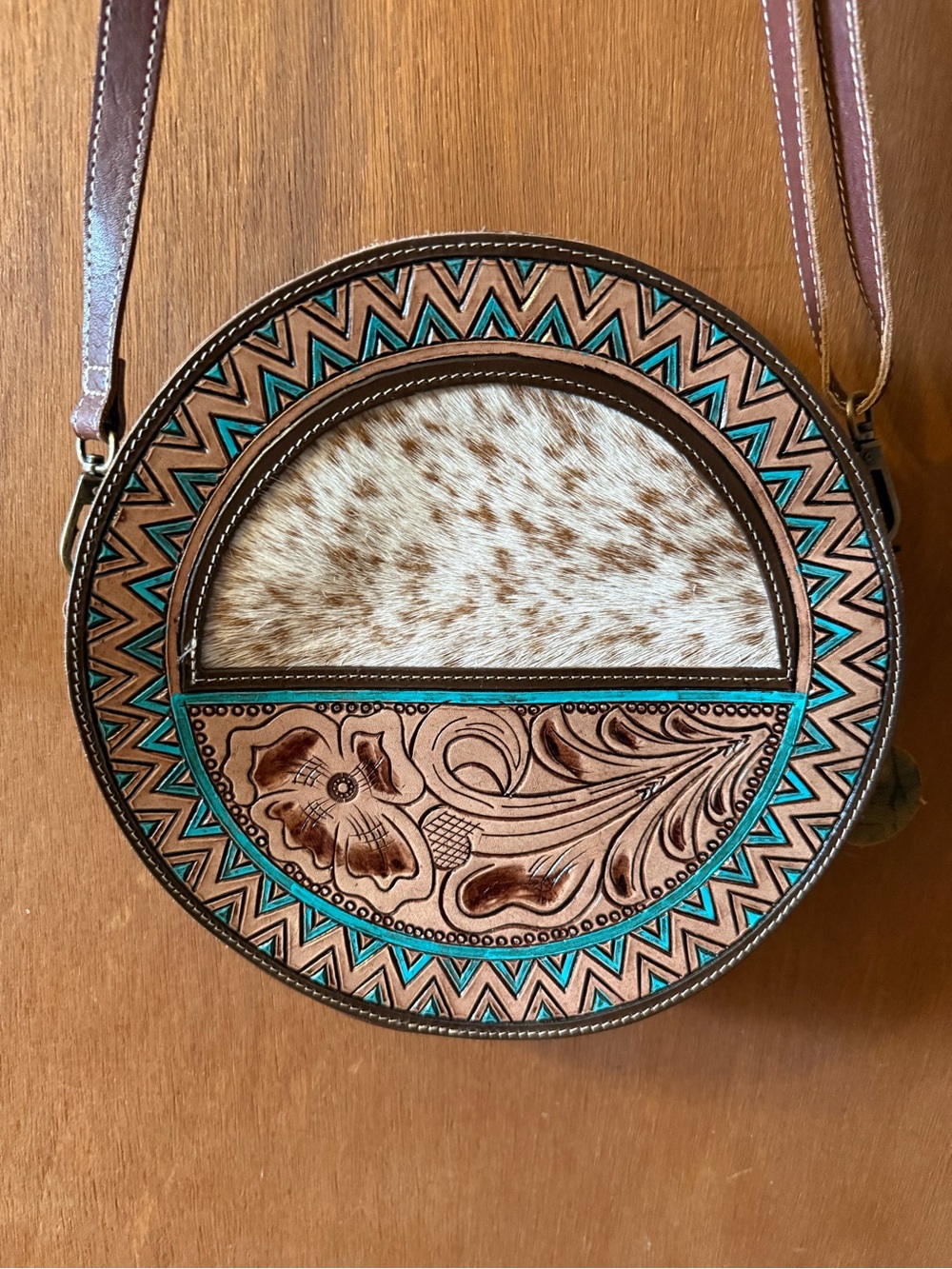 Myra Bag brown leather crossbody with white stitching
